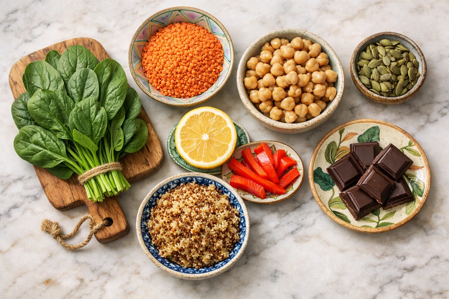 Alimentos ricos en hierro para el embarazo: lentejas, espinacas, garbanzos, quinoa, carne y sardinas