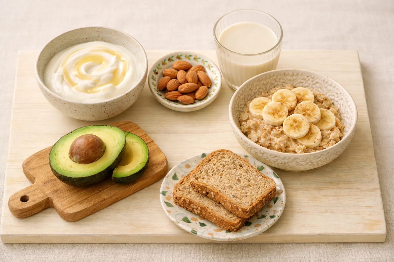 Foods to relieve heartburn during pregnancy: yogurt, oatmeal, almonds and avocado