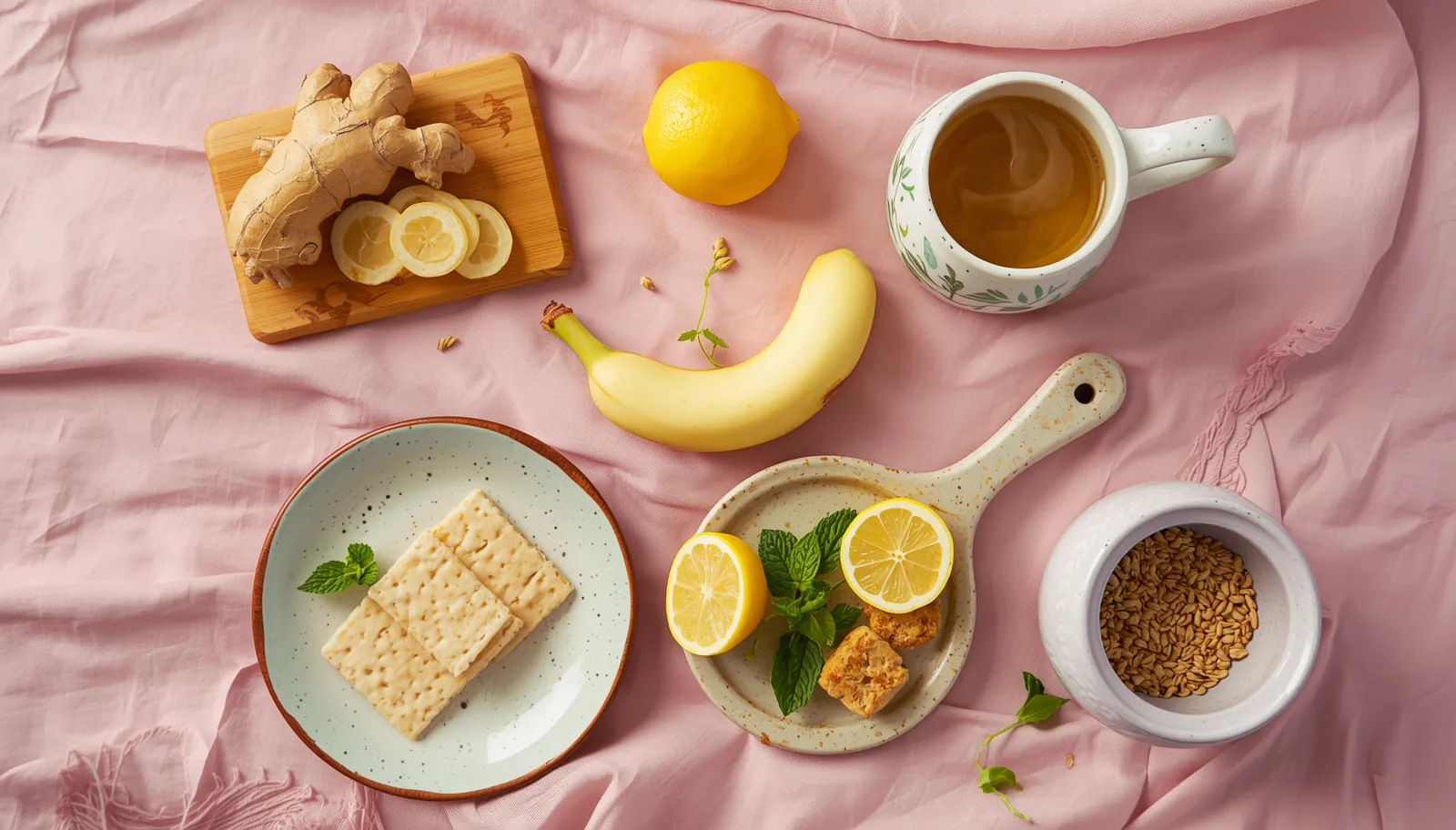 Foods to relieve pregnancy nausea: ginger, lemon, crackers, banana and mint