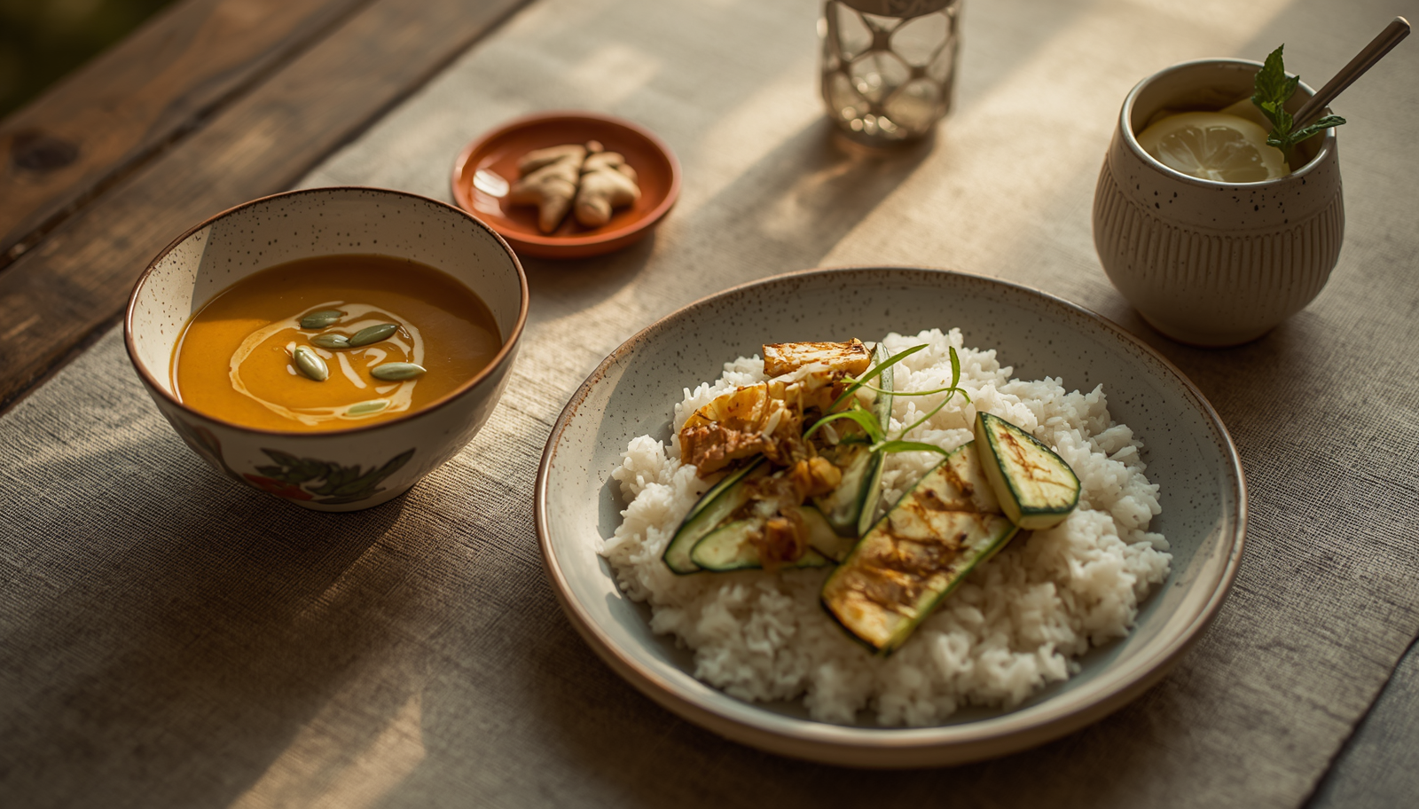 Pumpkin soup with seeds and a plate of basmati rice with zucchini on a wooden table in warm light