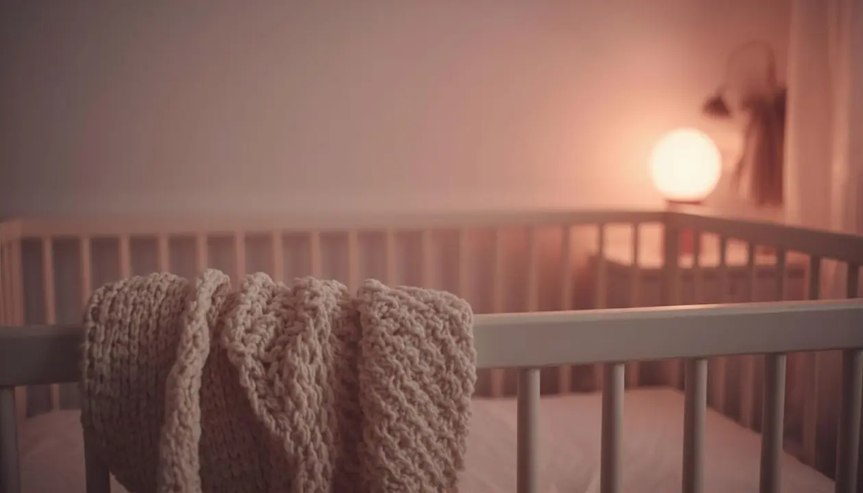 Baby crib at dusk with muslin blanket and silicone teether, soft light