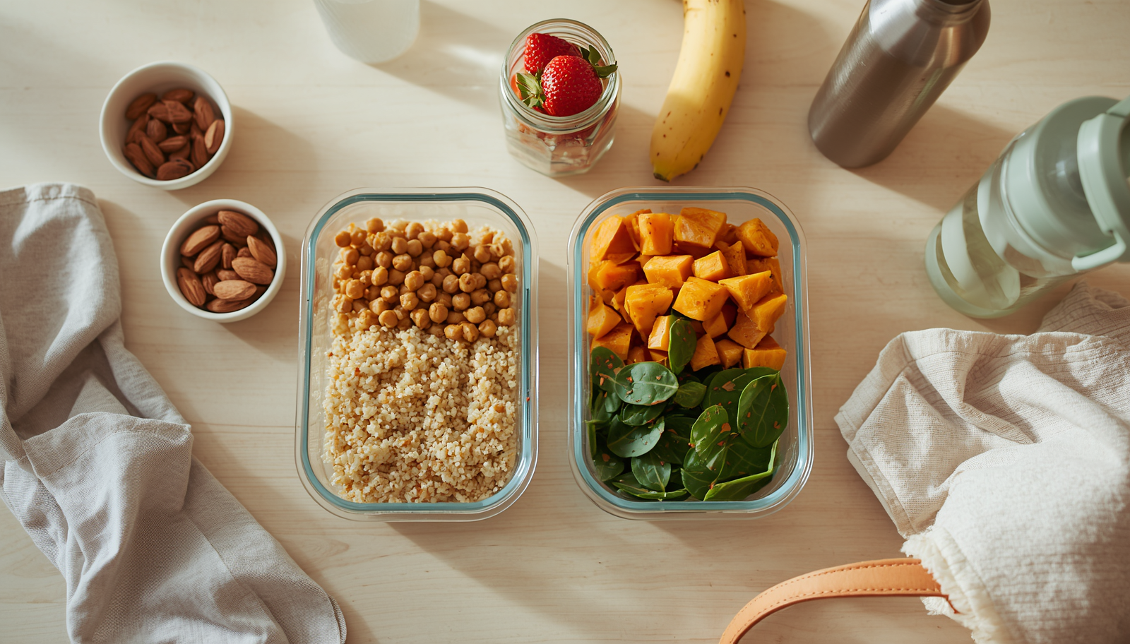 Glass meal-prep containers with food, cut fruit, and nuts on a kitchen counter, ready to take to work