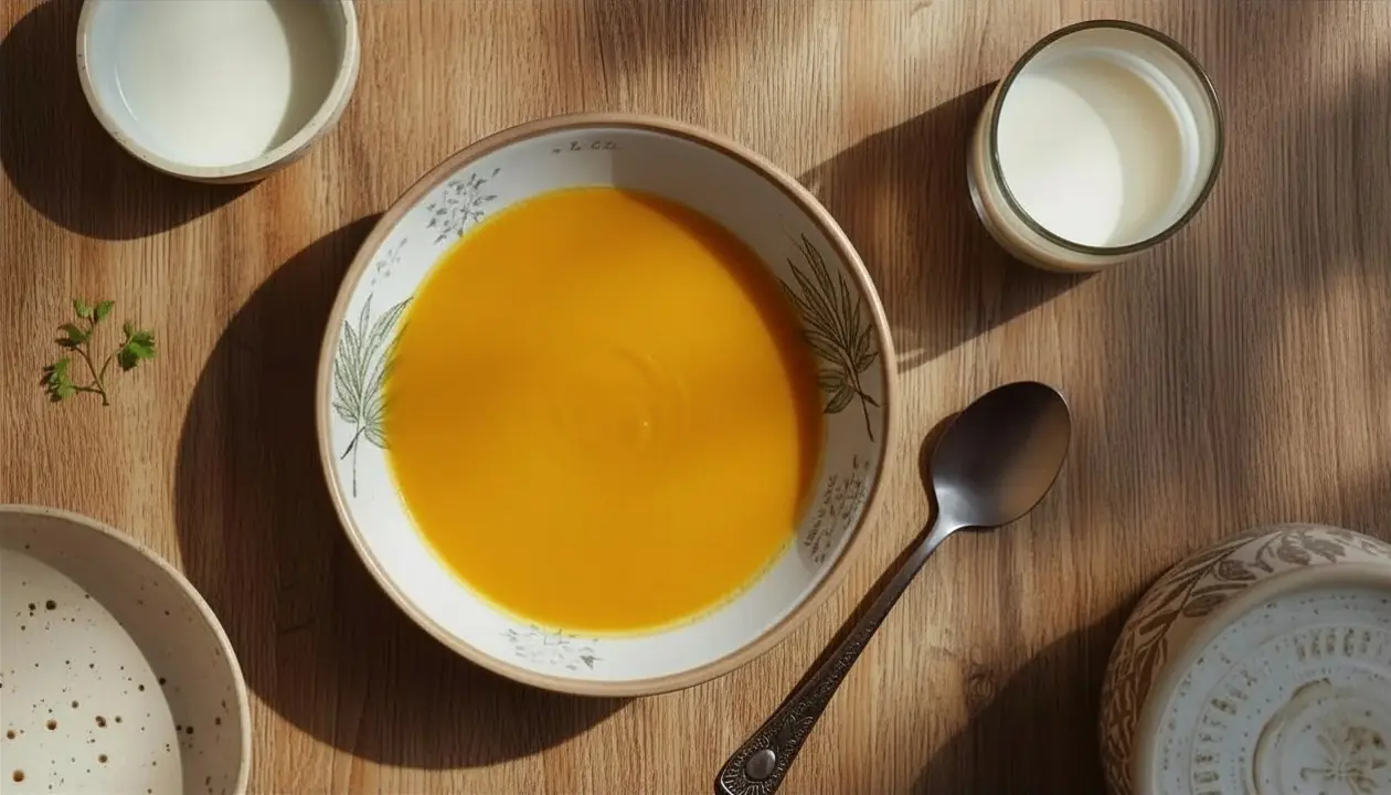 Pumpkin and ginger cream with plant milk on a table with a pastel pink tablecloth