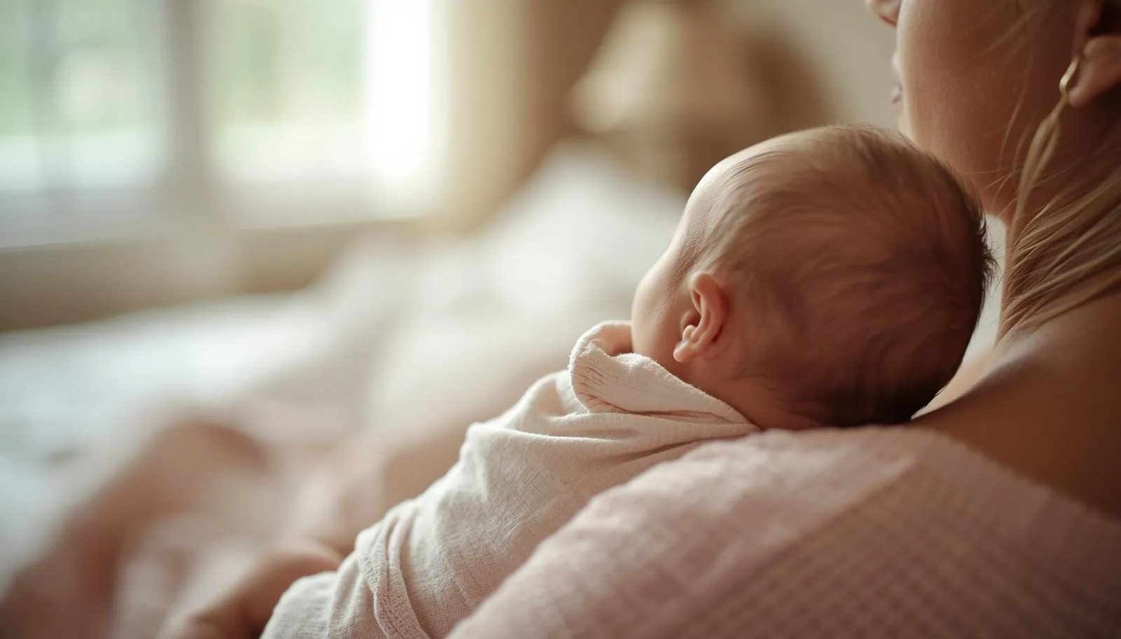 A newborn baby's tiny hand resting on their mother's chest during a peaceful feeding