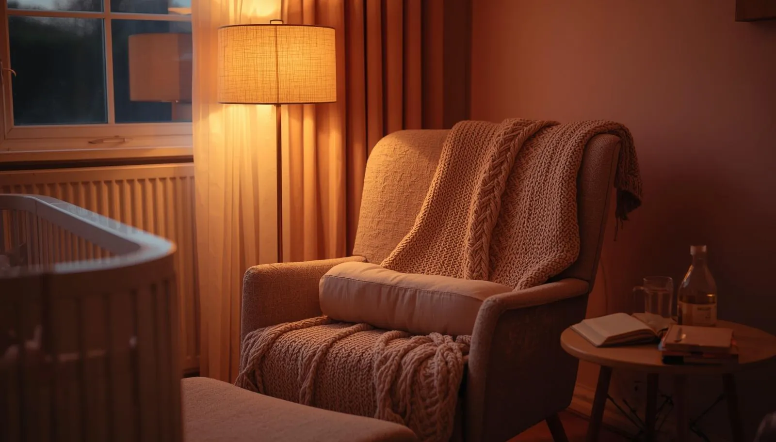 A nursing corner at dusk with armchair, knitted blanket, and warm lamp