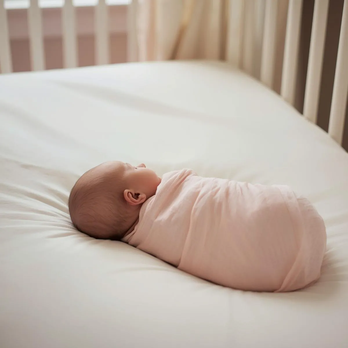 A peaceful newborn sleeping in a crib, wrapped in a soft pink muslin blanket