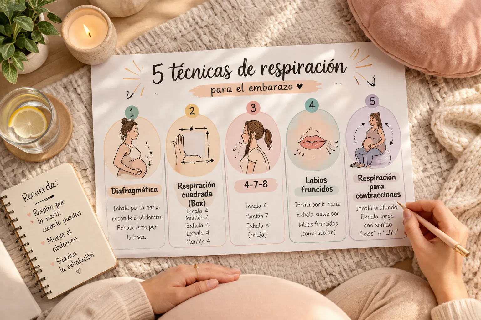 5 técnicas de respiración para el embarazo: diafragmática, 4-7-8, cuadrada, labios fruncidos y parto