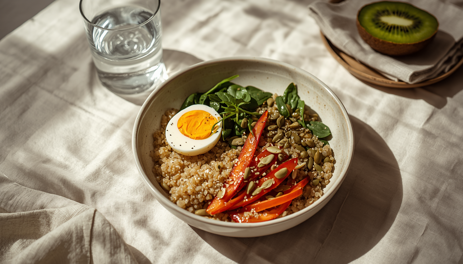 Bowl of quinoa with egg, spinach, and red pepper on a light table, a gentle postpartum plate