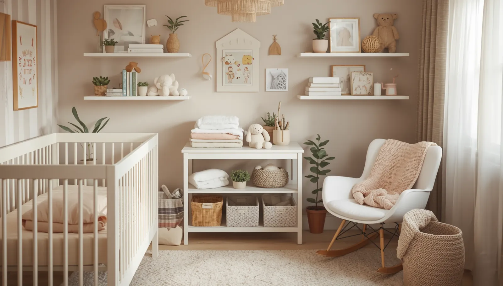 Baby nursery organized by nesting instinct: crib, clothes and decor ready