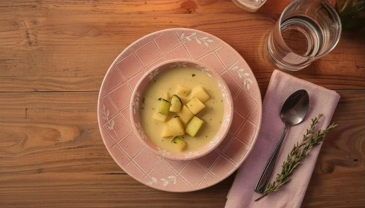 Cena ligera tipo crema de calabacín y patata sobre mesa de madera con luz cálida