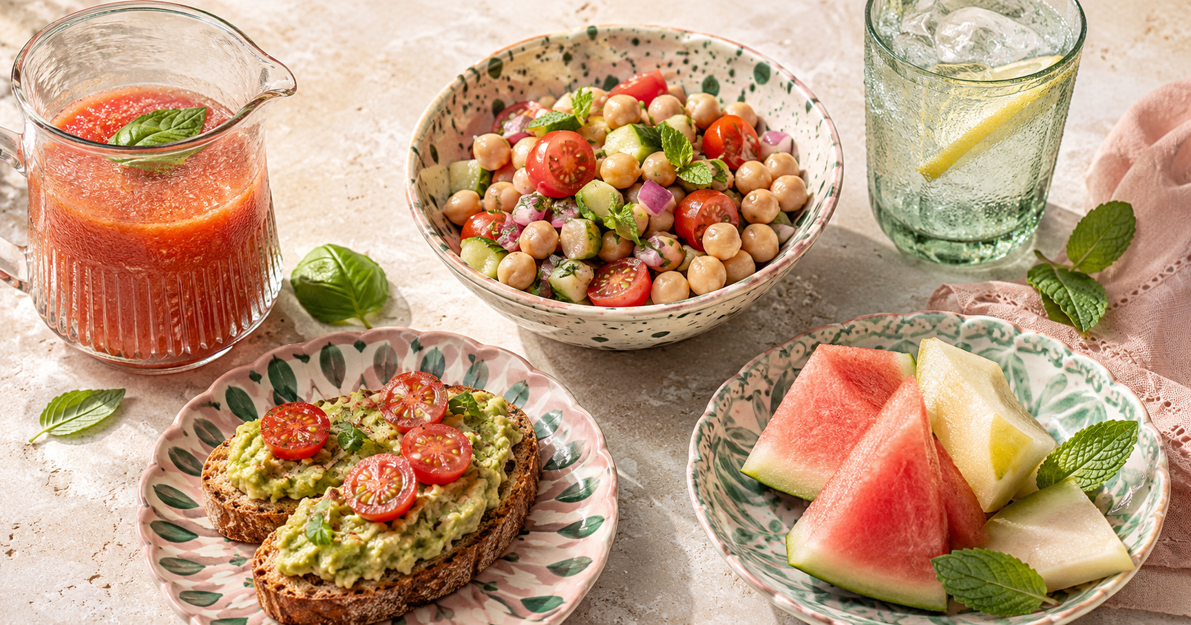 Gazpacho, chickpea salad, and avocado toast on a fresh-looking table with summer fruit