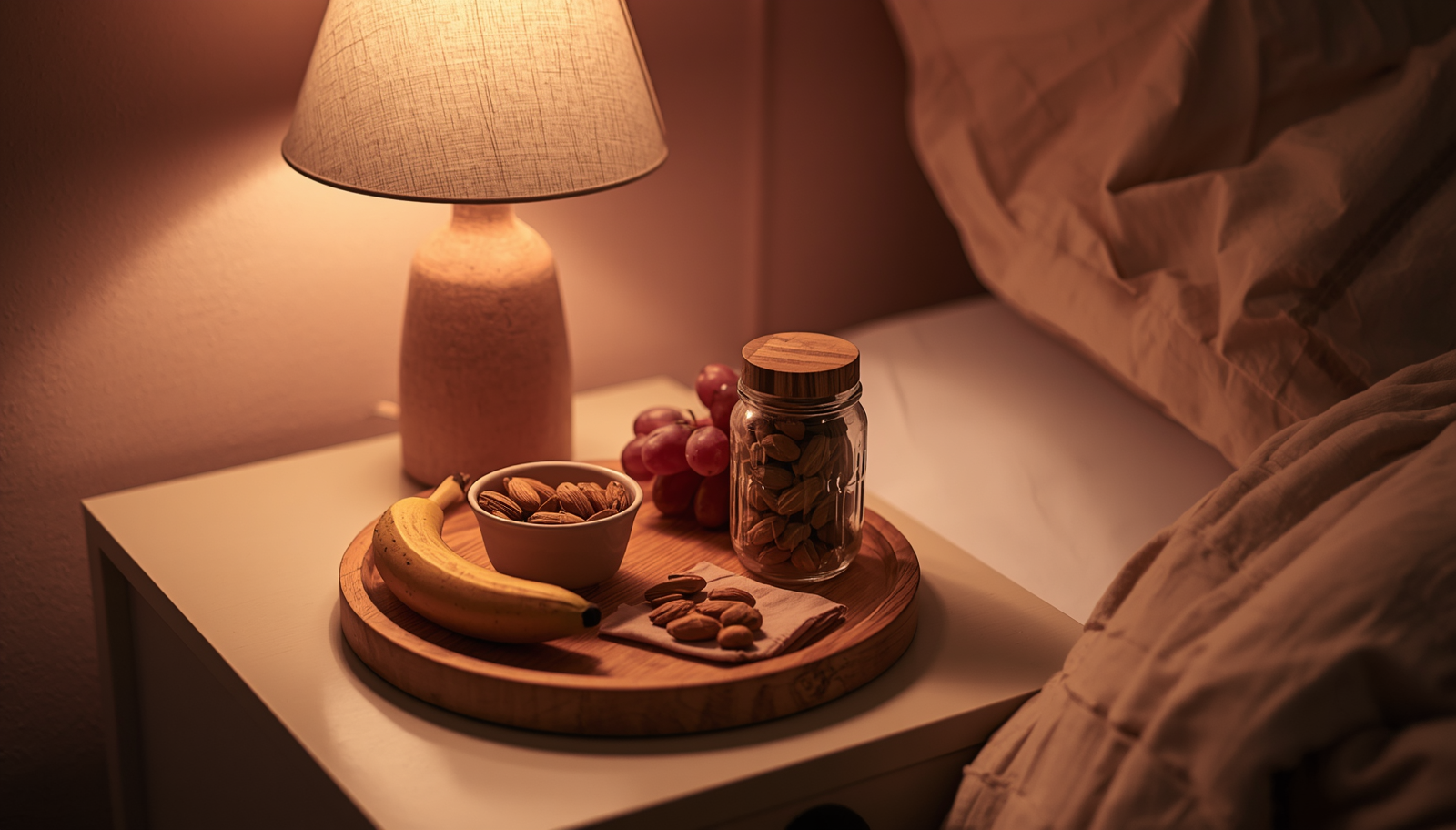 Nightstand with a bowl of nuts, a banana, a jar of grapes, and a water bottle in dim light