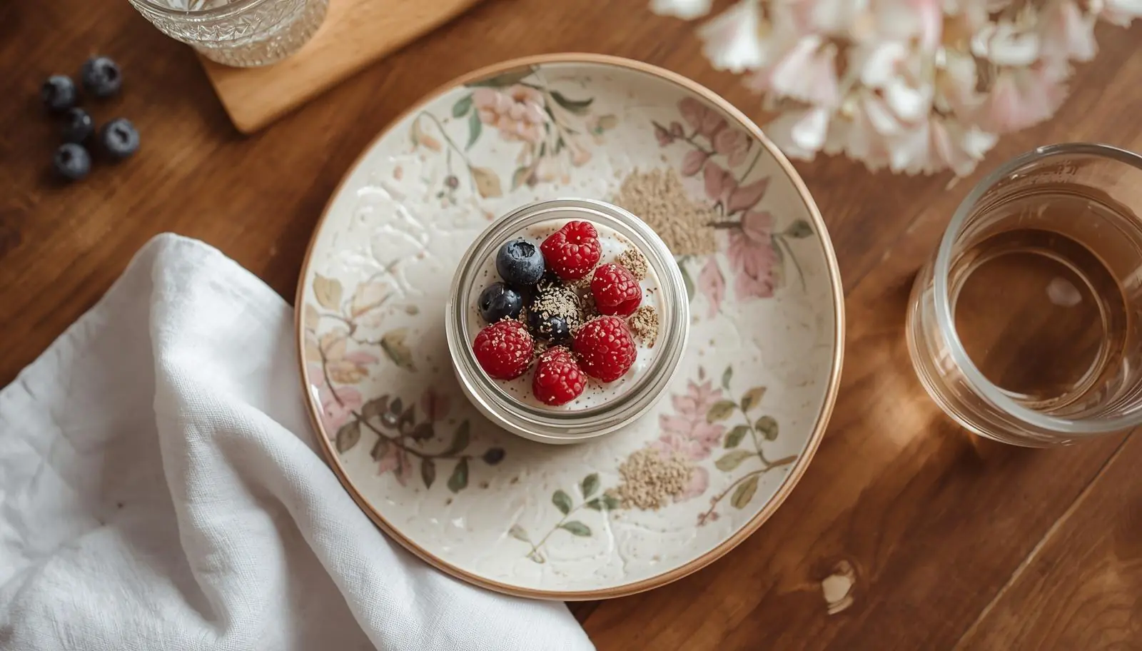 Pudding de chía con frutos rojos y semillas de lino sobre fondo claro