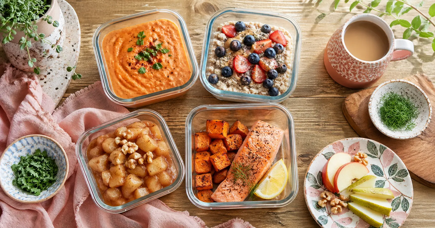 Postpartum meal prep with creams, oats, salmon, and compote in jars on a wooden table