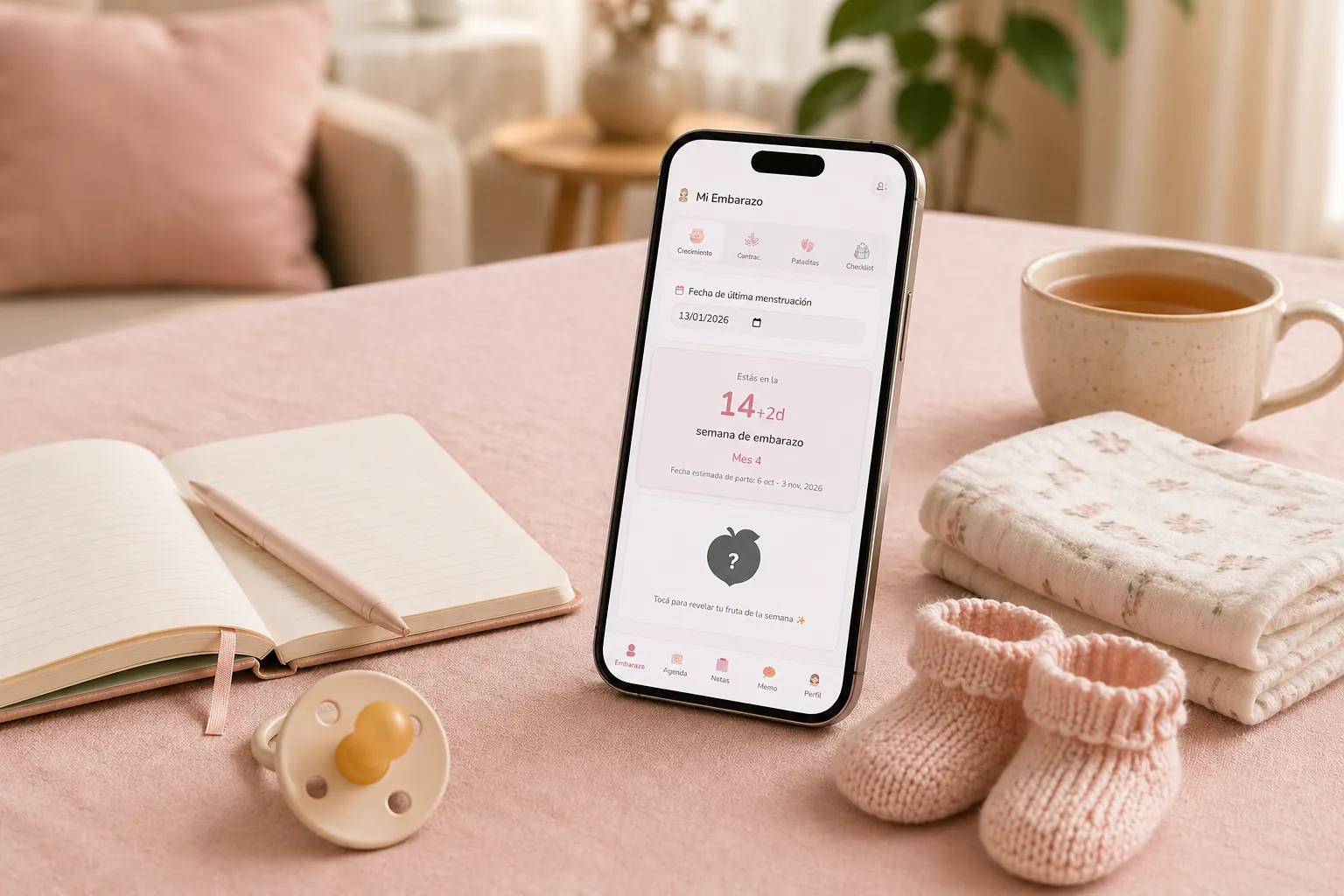 A phone with a baby tracking app, notebook, and essentials on a soft pink background