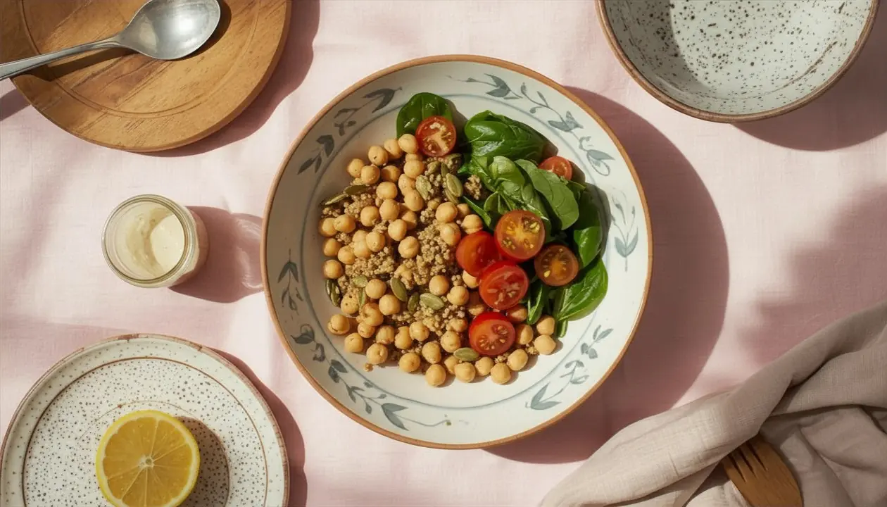 Quinoa bowl with chickpeas, spinach, and tahini on a soft pink background